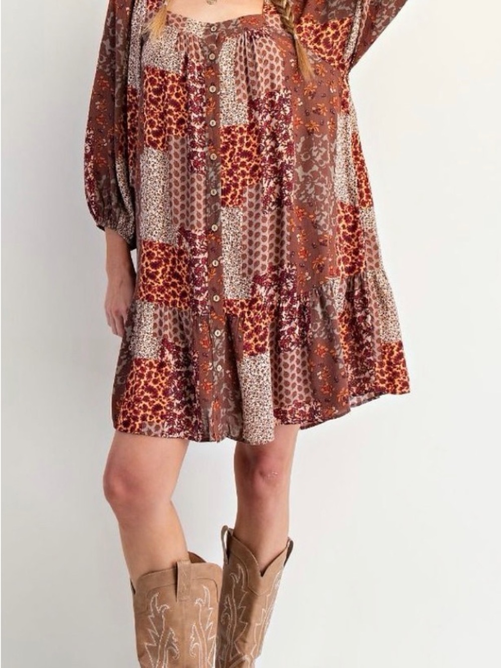 Easel Los Angeles Patchwork Boho Long Sleeve Dress NWT - Picture 5 of 6
